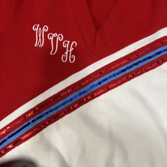 Vintage Cheer Sweater Sequins Team Mates Size S/M Red White Blue - Picture 2 of 5